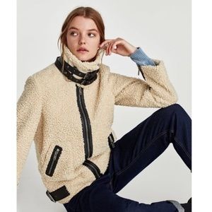 Zara Teddy Sherling Faux Leather Moto Jacket S